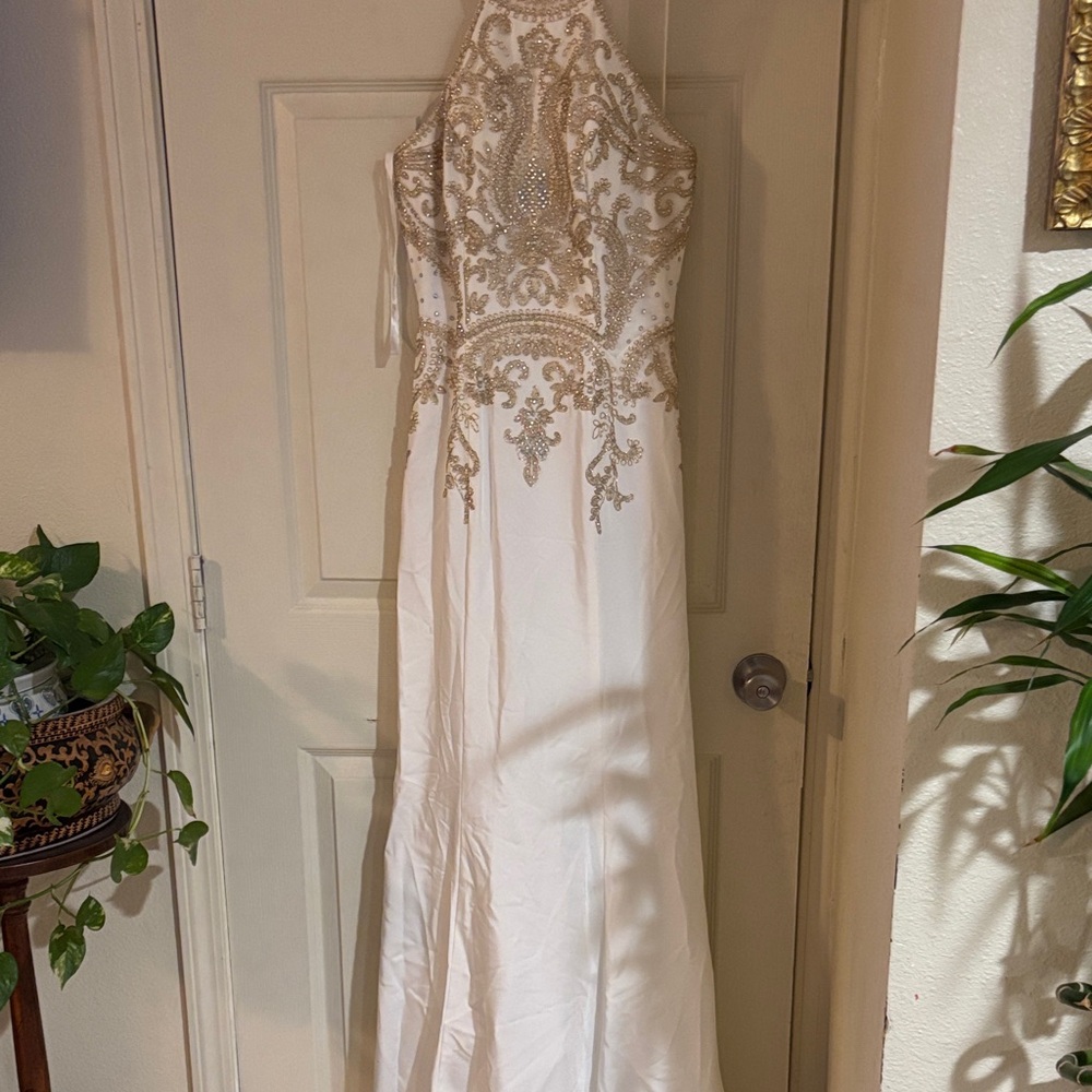 Elegant White and Gold Halter Gown wedding dress new